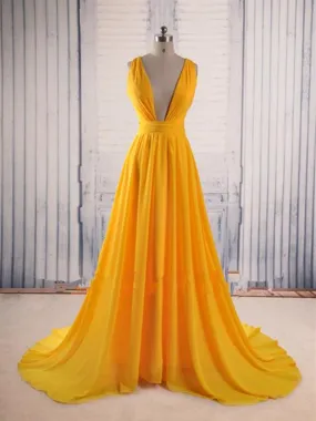 A Line V Neck Yellow Sweep Train Prom Dress, Sweep Train Party Dress, Yellow Formal Dress