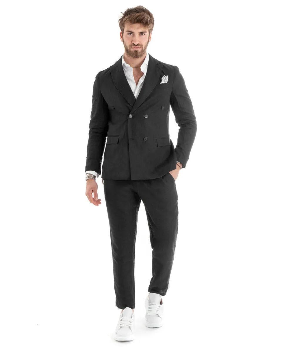 Abito Uomo Doppiopetto Completo Lino Sartoriale Giacca Pantaloni Tinta Unita Nero GIOSAL-OU2332A