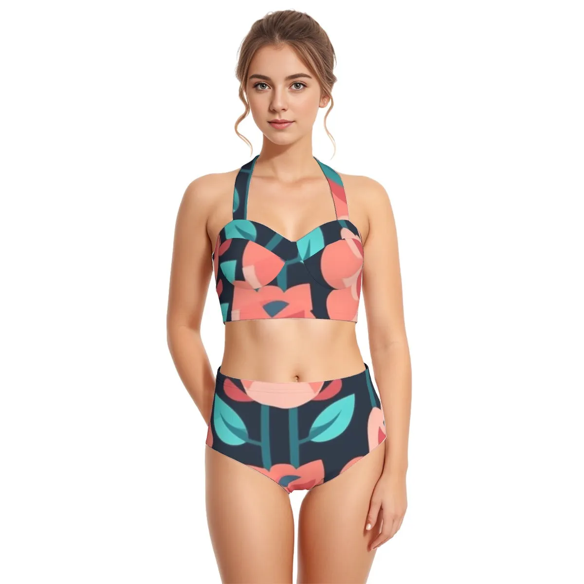 All-Over Print Women's Swimsuit Set With Halter