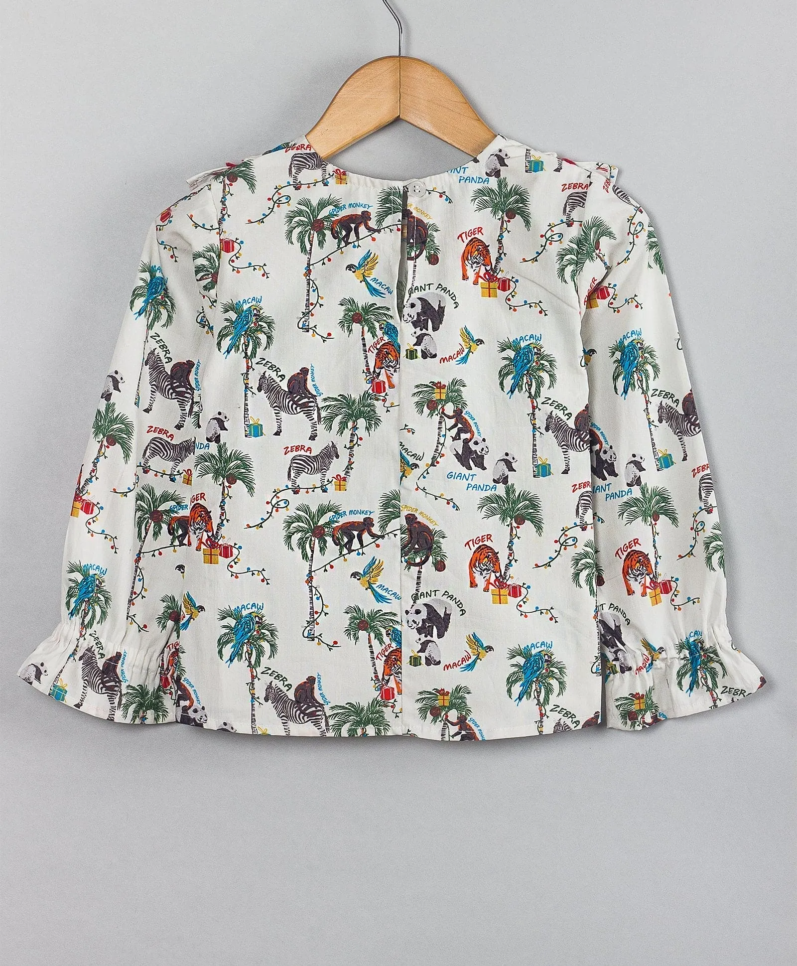 Animals print top with contrast lace along yoke seam-White