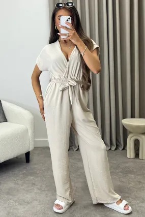 Anny Beige Short Sleeve V Neck Plunge Belted Jumpsuit