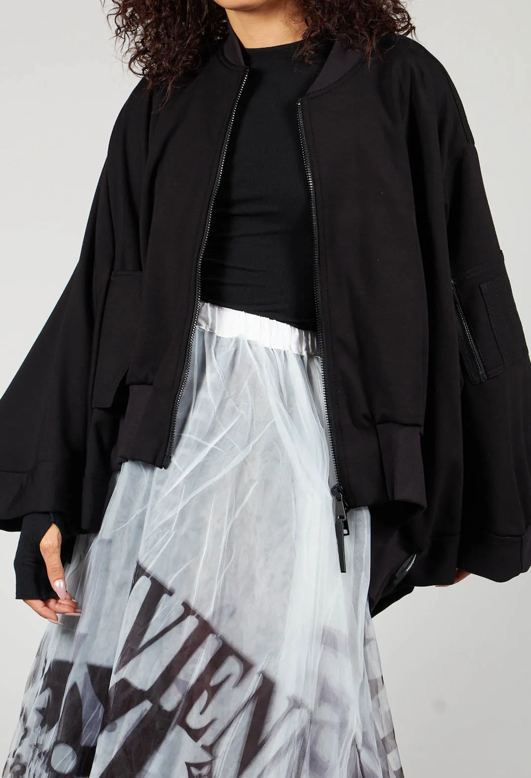 Batwing Sleeved Jacket with Asymmetric Hem in Black