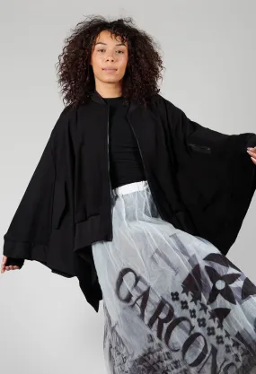 Batwing Sleeved Jacket with Asymmetric Hem in Black