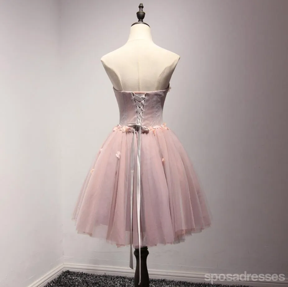 Beautiful Blush Pink Strapless Beaded Homecoming Prom Dresses, Affordable Short Party Corset Back Prom Dresses, Perfect Homecoming Dresses, CM213