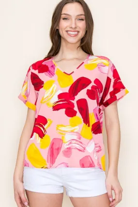 Brush Stroke V-Neck Banded Sleeve Top