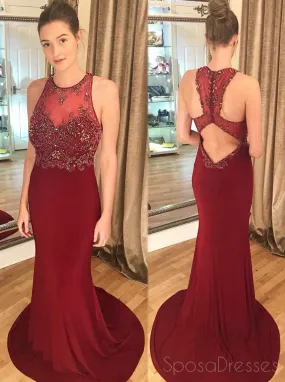 Burgundy Open Back Mermaid Cheap Long Evening Prom Dresses, Cheap Sweet 16 Dresses, 18331