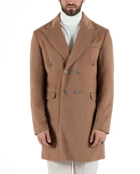 Cappotto Doppiopetto Uomo Con Colletto Giaccone Martingala Camel Elegante Tessuto Diagonale GIOSAL-CO1024A