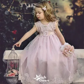 Cheap Pink Tulle Lace Applique Ball Gown Little Long Flower Girl Dresses, Wedding Flower Girl Dresses, FGD022