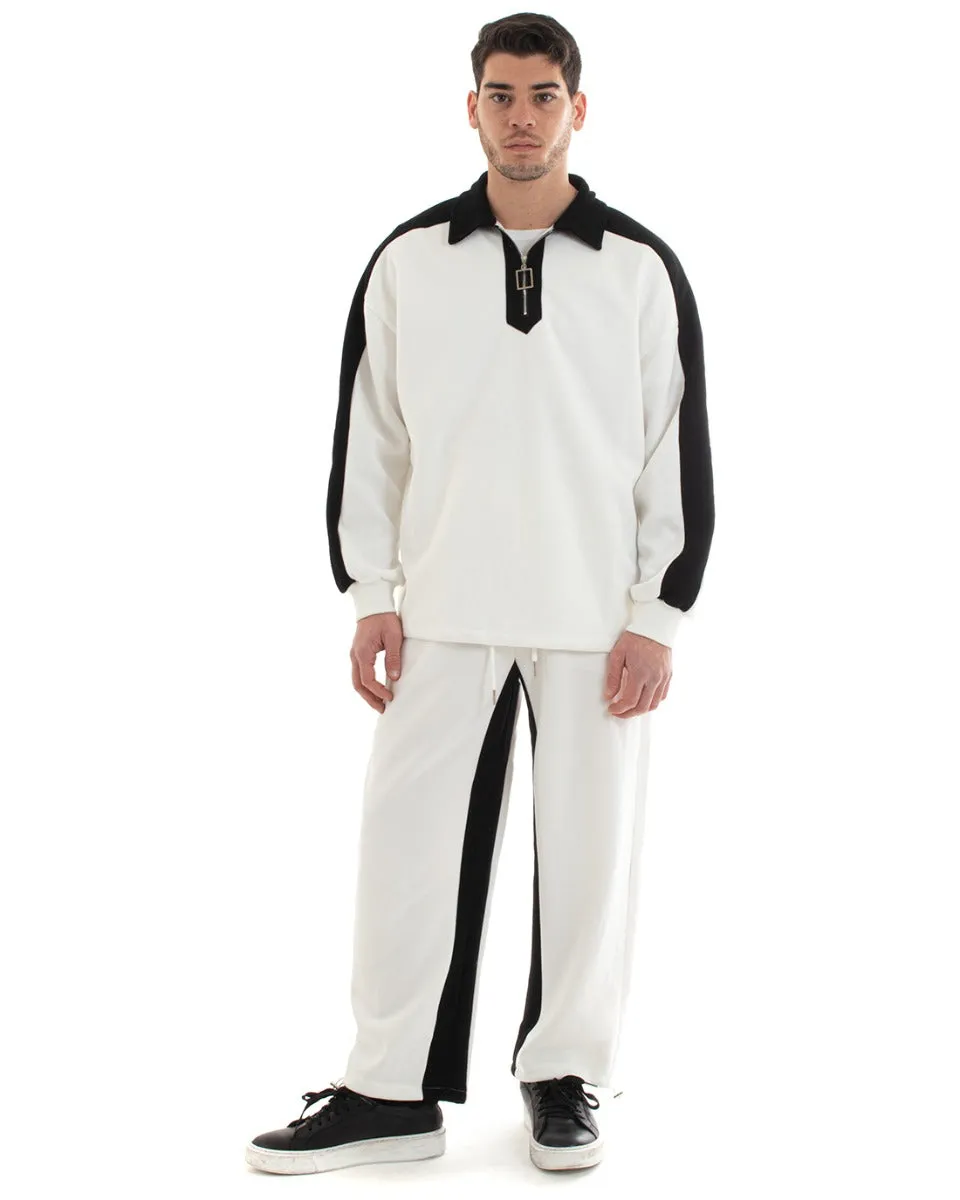 Completo Tuta Uomo Cotone Bianco Oversize Relaxed Fit Felpa Con Colletto Pantaloni GIOSAL-OU2234A