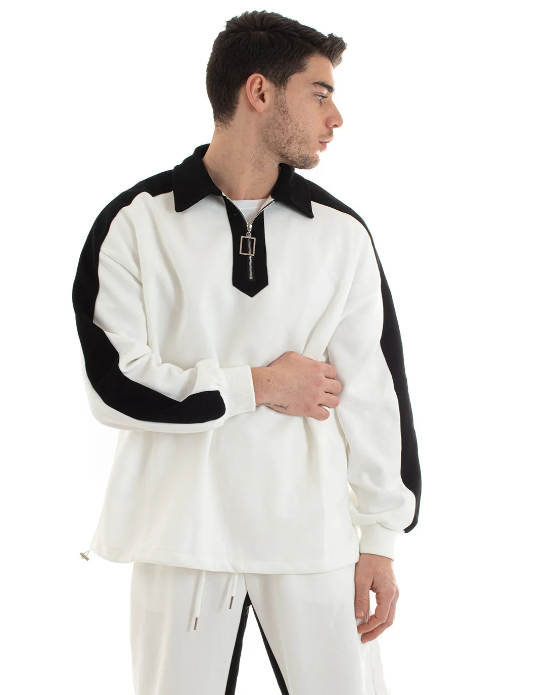 Completo Tuta Uomo Cotone Bianco Oversize Relaxed Fit Felpa Con Colletto Pantaloni GIOSAL-OU2234A