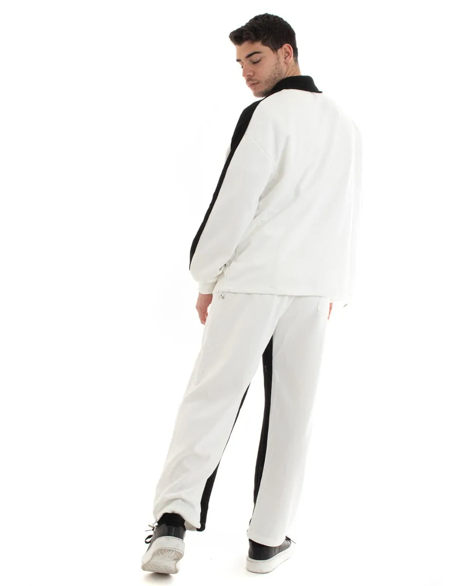 Completo Tuta Uomo Cotone Bianco Oversize Relaxed Fit Felpa Con Colletto Pantaloni GIOSAL-OU2234A