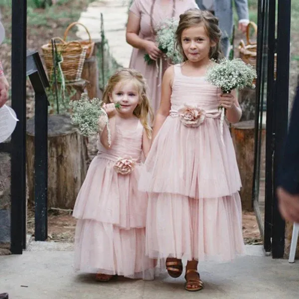 Cute Square Neck Pink Tulle Long Cheap Flower Girl Dresses with Handmade Flower, Wedding Flower Girl Dresses, FGD020