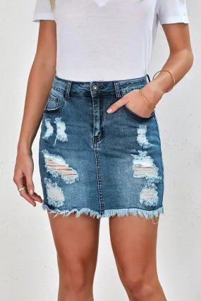 Distressed-Jeans-Minirock mit offenem Saum