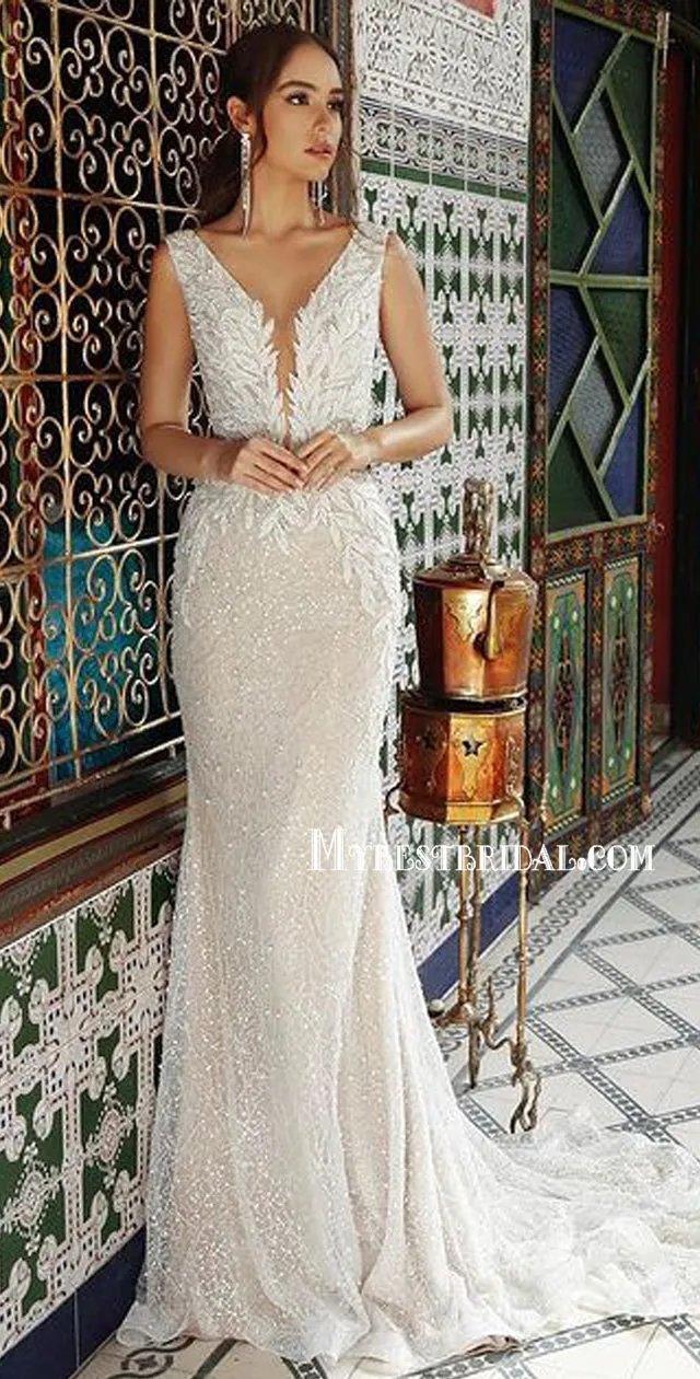 Elegant Mermaid V Neck Lace Sparkly Beach Wedding Dresses Online, WDY0251