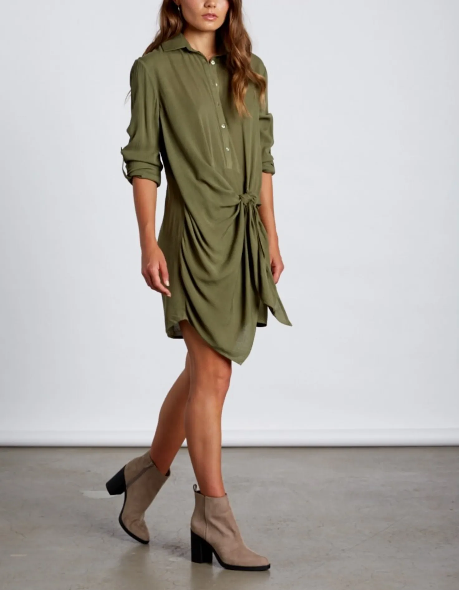 Final Sale - Cotton Candy LA - Low Key Front Knot Dress - Olive