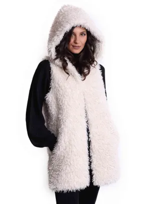 Gilet teddy donna in eco fur bianco con cappuccio e giro manica