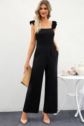 Jumpsuit mit gesmoktem, eckigem Ausschnitt und weitem Bein und Taschen