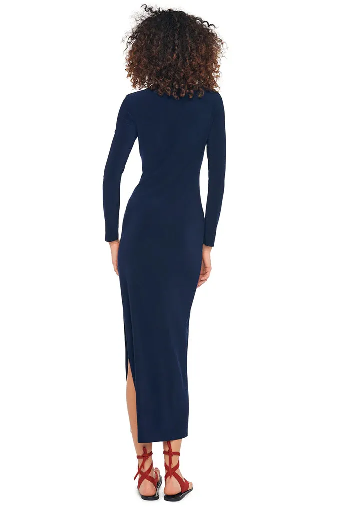 Norma Kamali - Long Sleeve Crewneck Side Slit Gown - True Navy