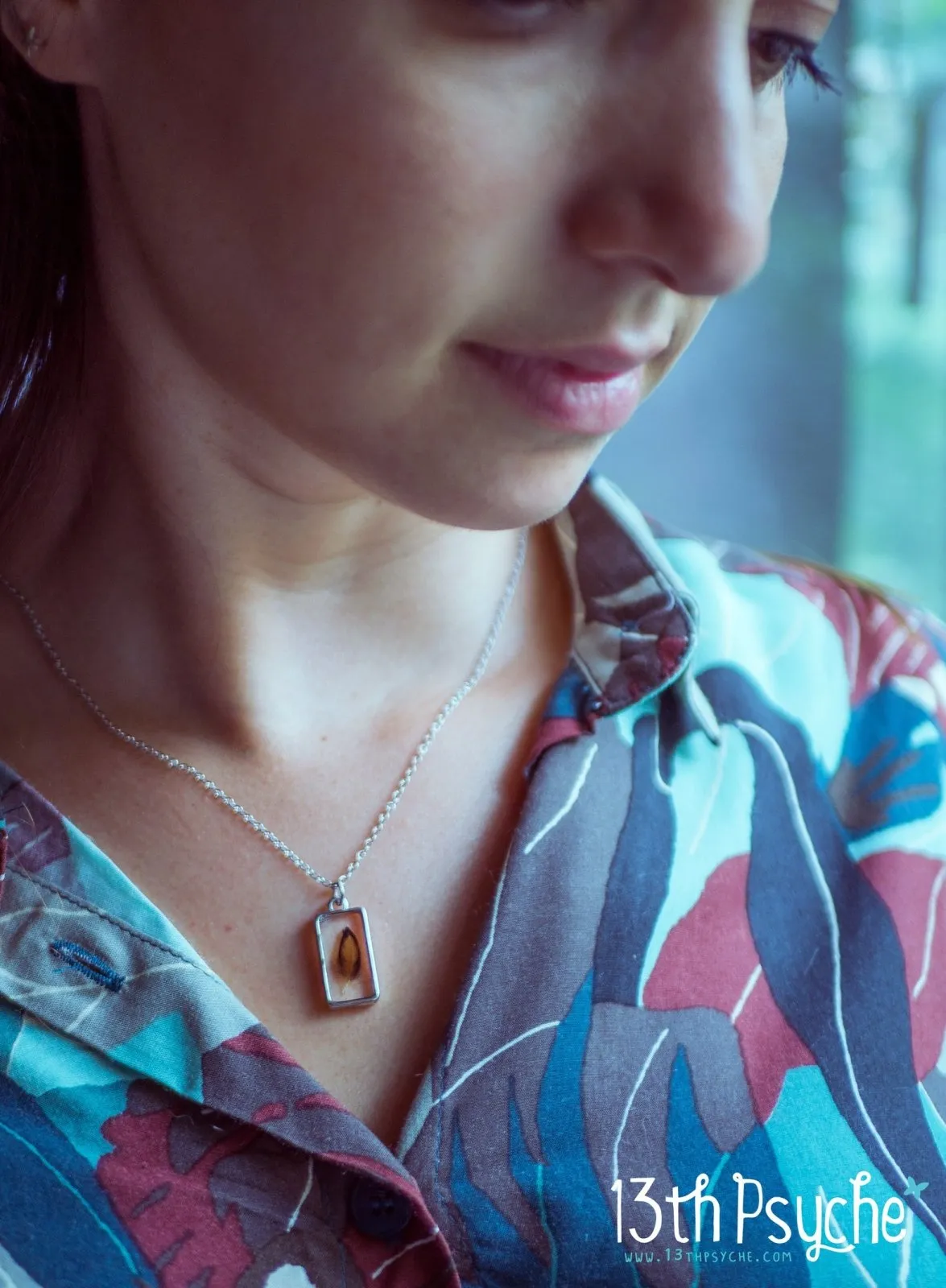 Square shaped resin pendant with real tiny feather necklace