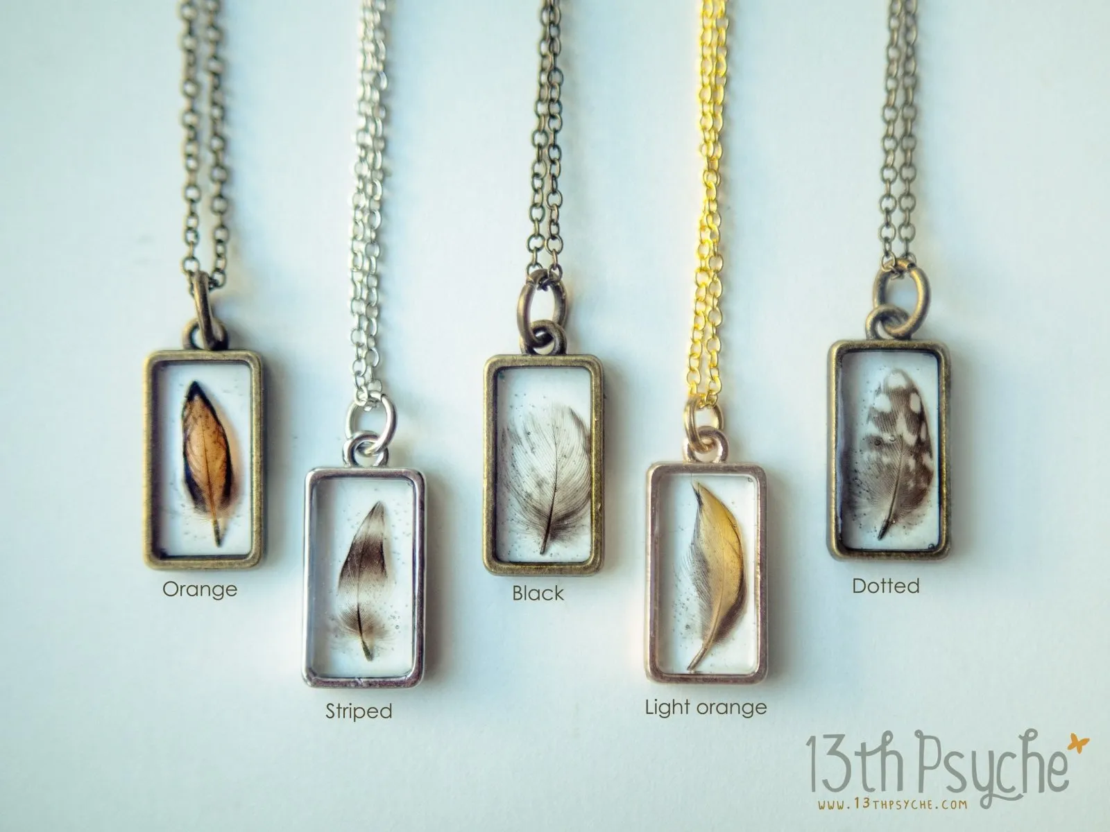 Square shaped resin pendant with real tiny feather necklace